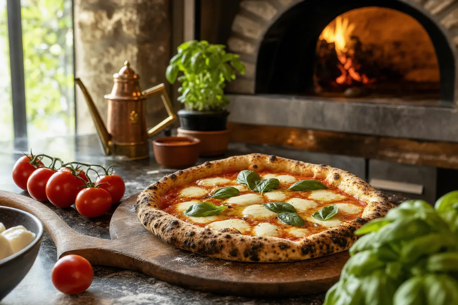 La pizza margherita aux couleurs du drapeau italien : tomate, mozzarella et basilic frais