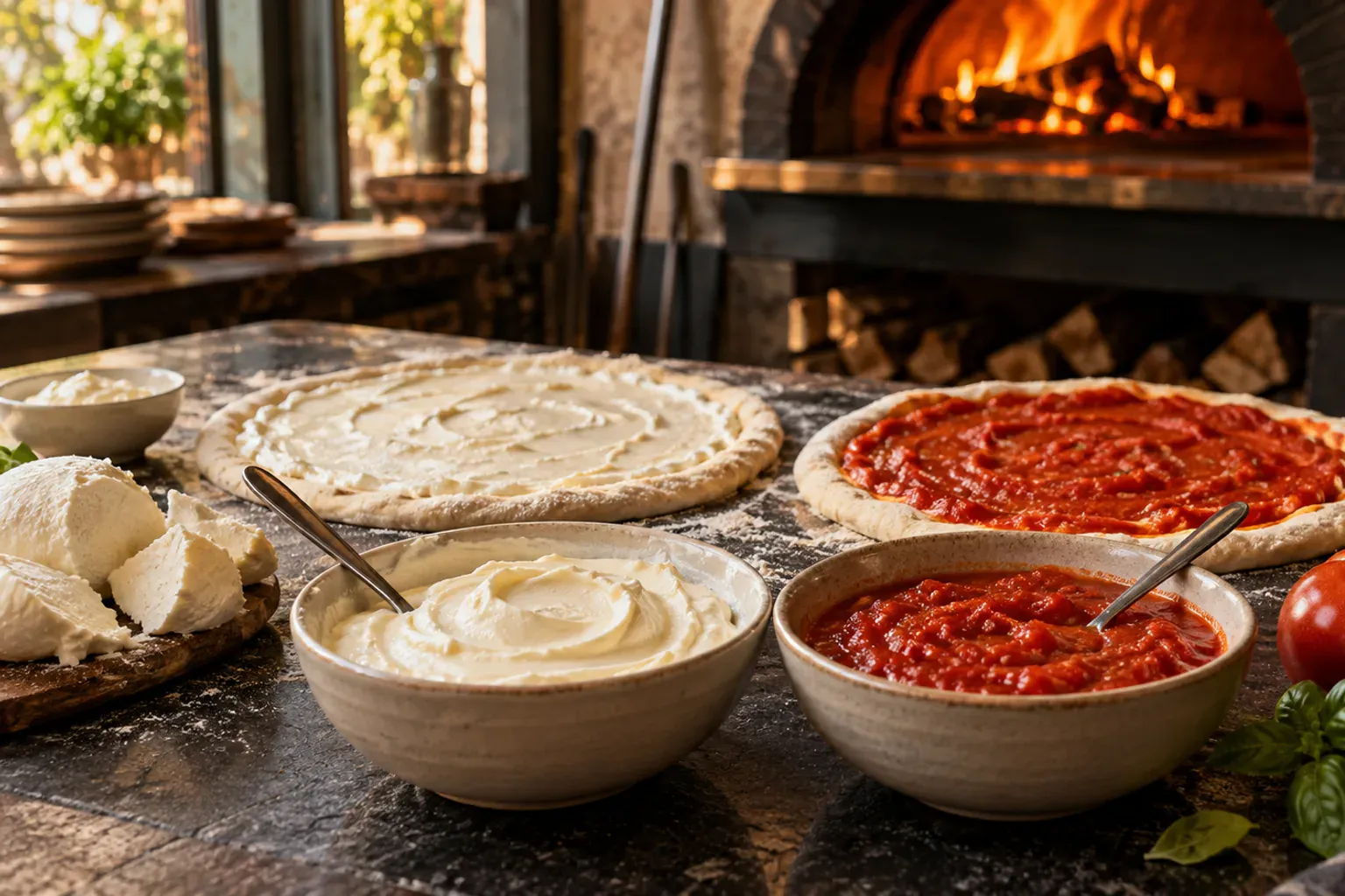 Pizza base crème et pizza base tomate côte à côte, pour comparer les deux bases