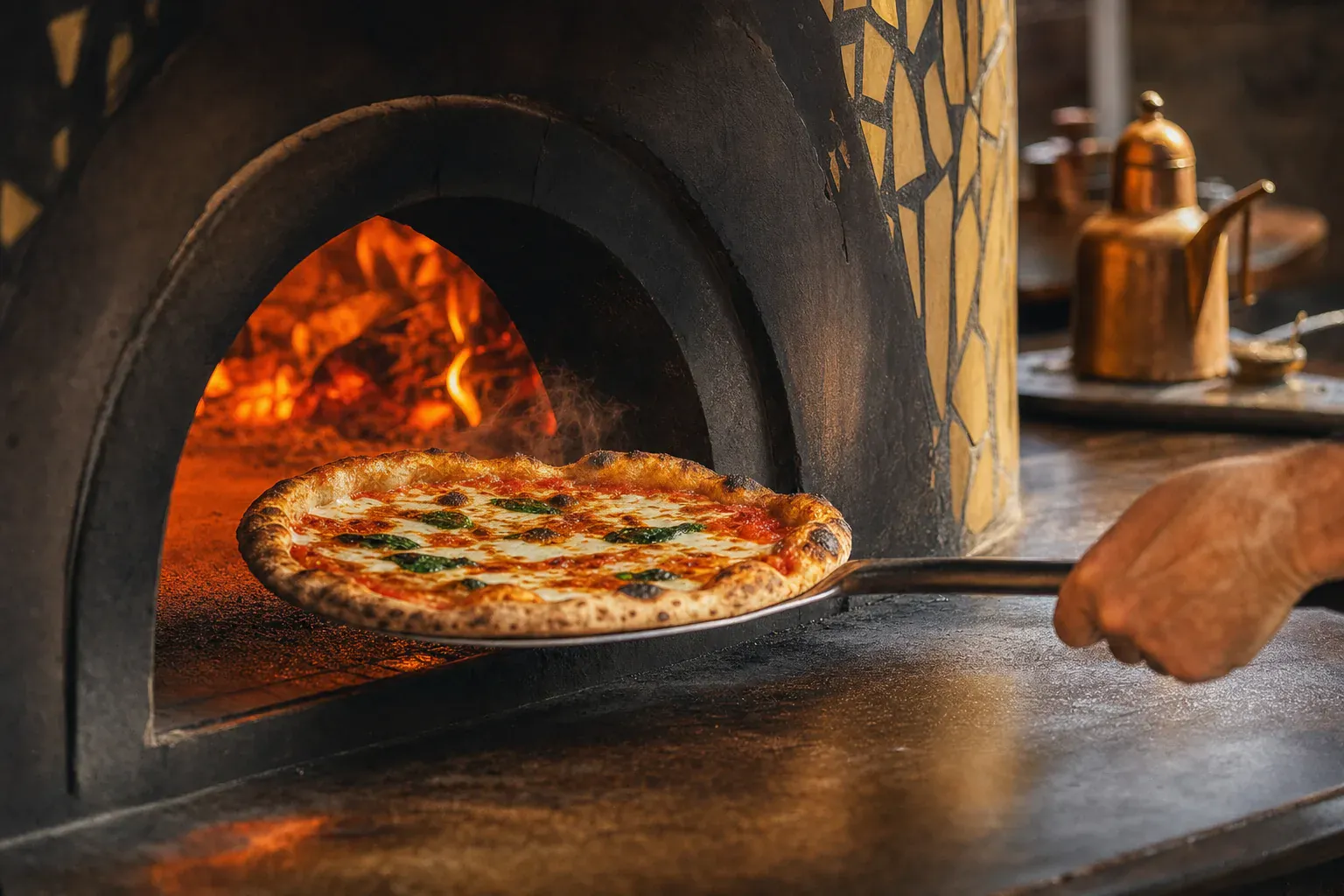 Pizza napolitaine saisie à 450 °C dans un four à bois, bord soufflé et taché de braise, Vecchio Forno au Port-Marly