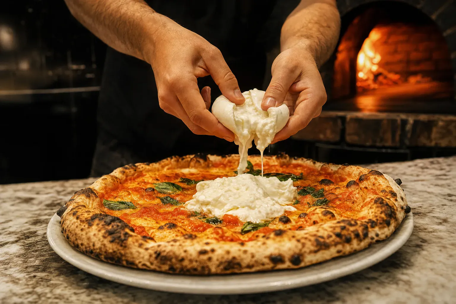 Pizza burrata : une burrata entière posée crue au centre d'une pizza napolitaine sortie du four à bois