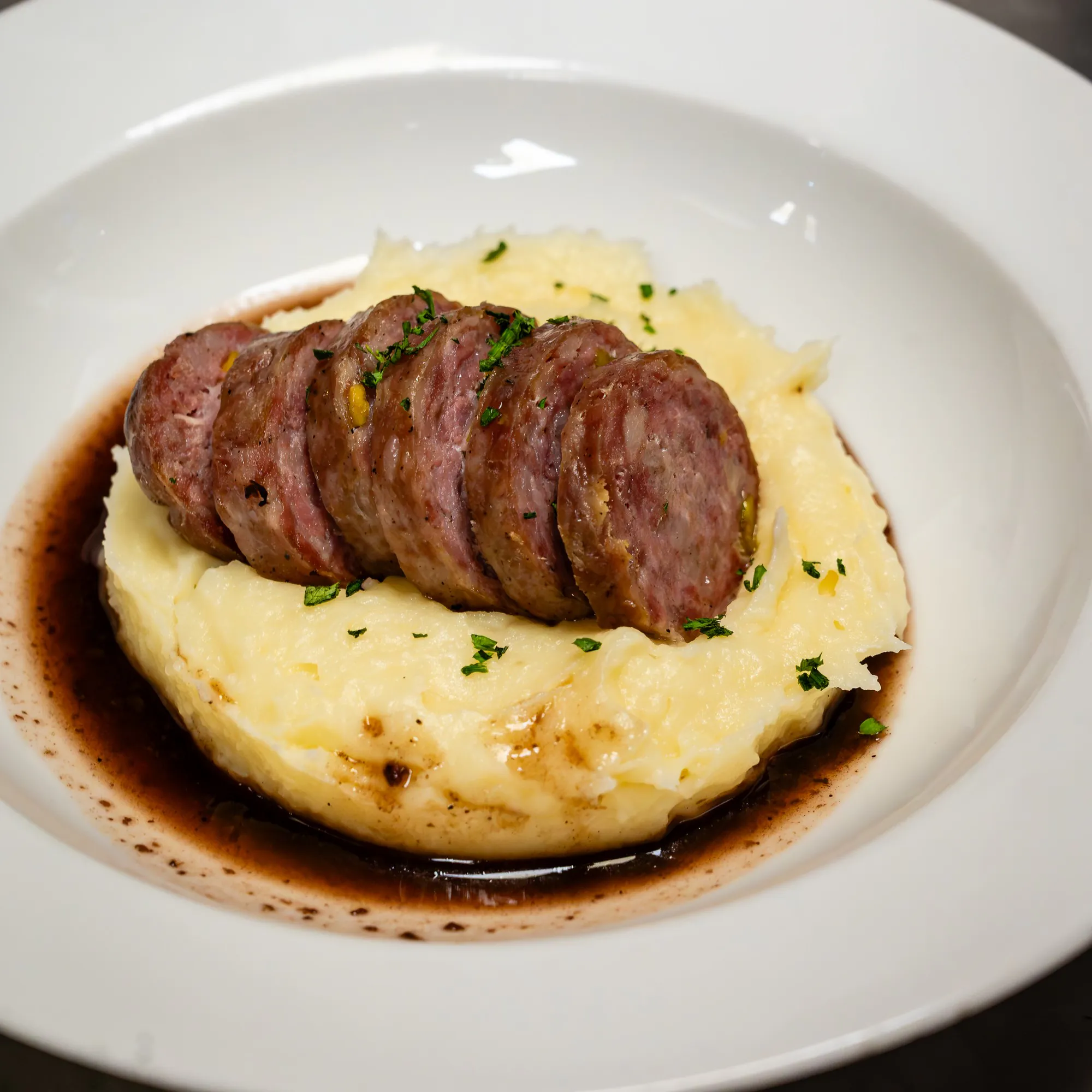 Plate of pink-cooked meat over a smooth purée, in the bouchon spirit