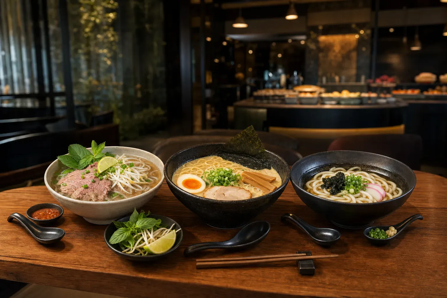 Comparatif illustré des grandes soupes asiatiques : phở vietnamien, ramen et udon japonais