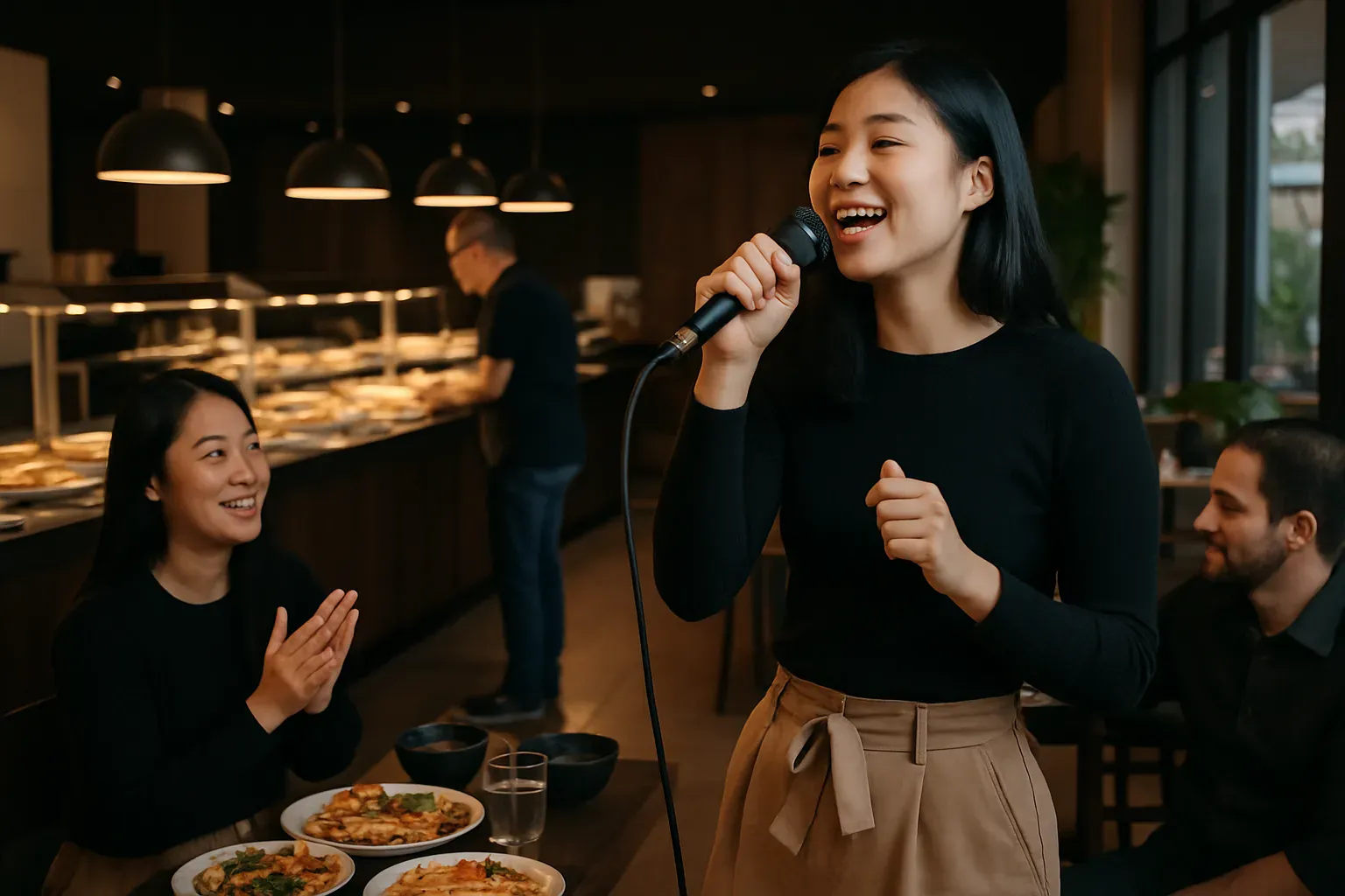Illustration : une soirée karaoké au restaurant, micro et tablées
