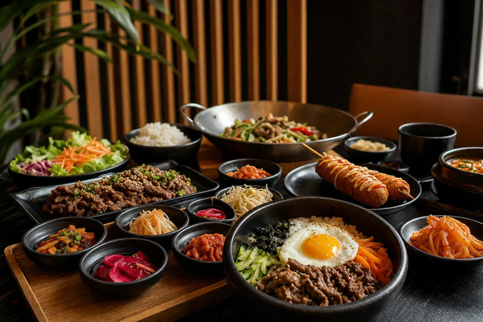 Salle du restaurant asiatique GOGI à Plan de Campagne : cerisier en fleurs, lustre doré et grandes tablées conviviales