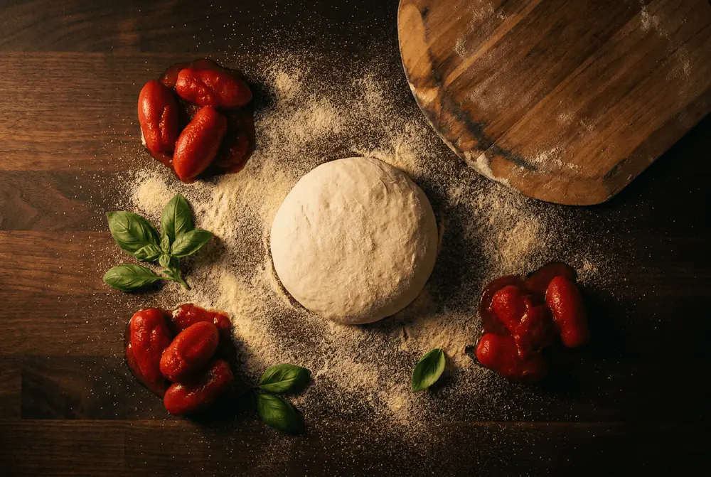 Pâte à pizza, farine, basilic et tomates vus du dessus