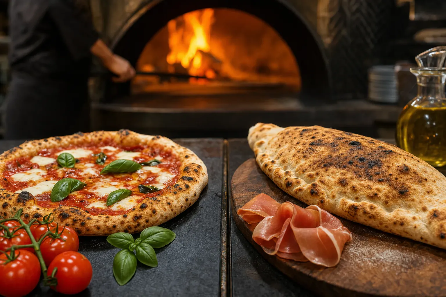 Illustration : pizza ronde servie à plat et panizza pliée comme un panini, sorties du même four à bois