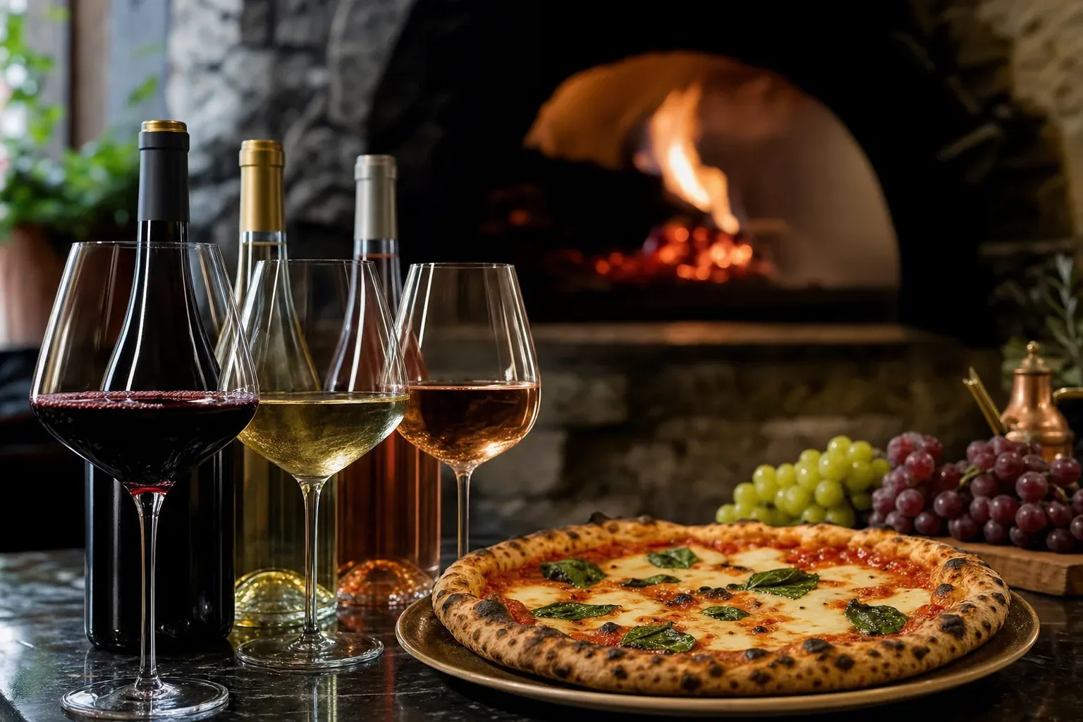 Un verre de vin rouge posé à côté d'une pizza napolitaine : quel vin choisir pour accompagner une pizza au feu de bois