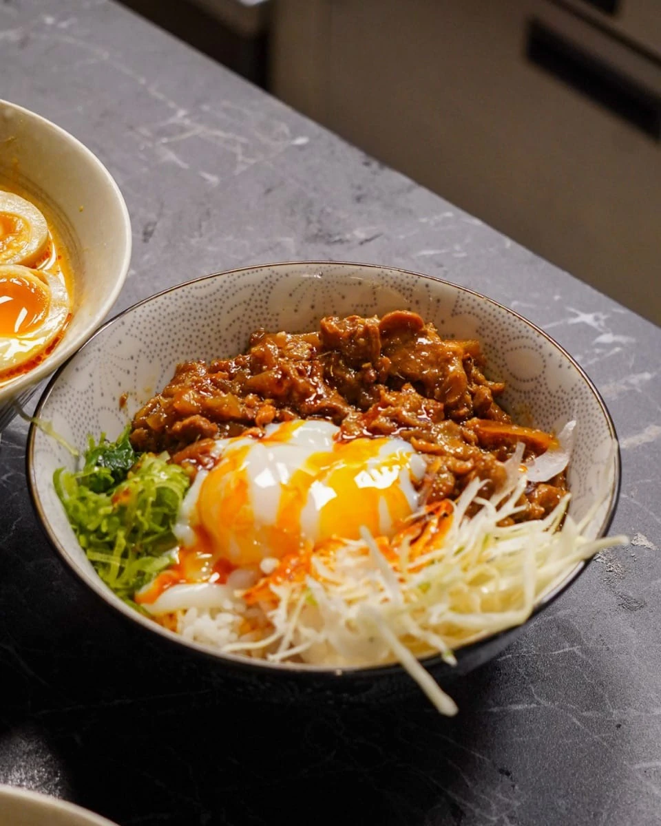 マルセイユの Iwao で提供される、煮込んだ牛肉・半熟卵・ご飯の牛丼