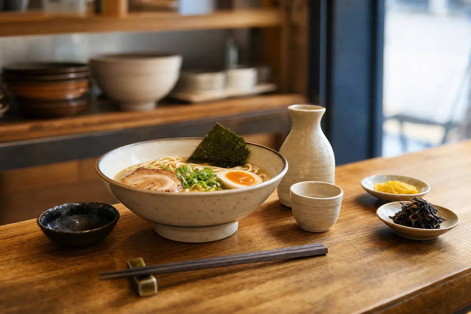 Bol de ramen japonais avec œuf mollet, chashu, maïs et algues, à accorder avec un saké chez Iwao à Marseille