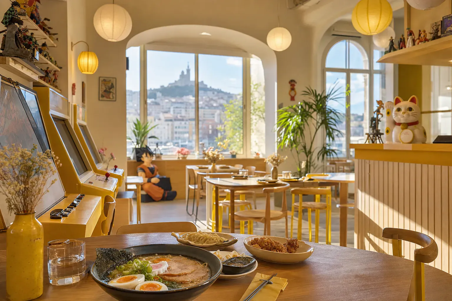 Salle du restaurant Iwao à Marseille : tables dressées, cuisine ouverte et lanternes rouges d'une ruelle de Tokyo