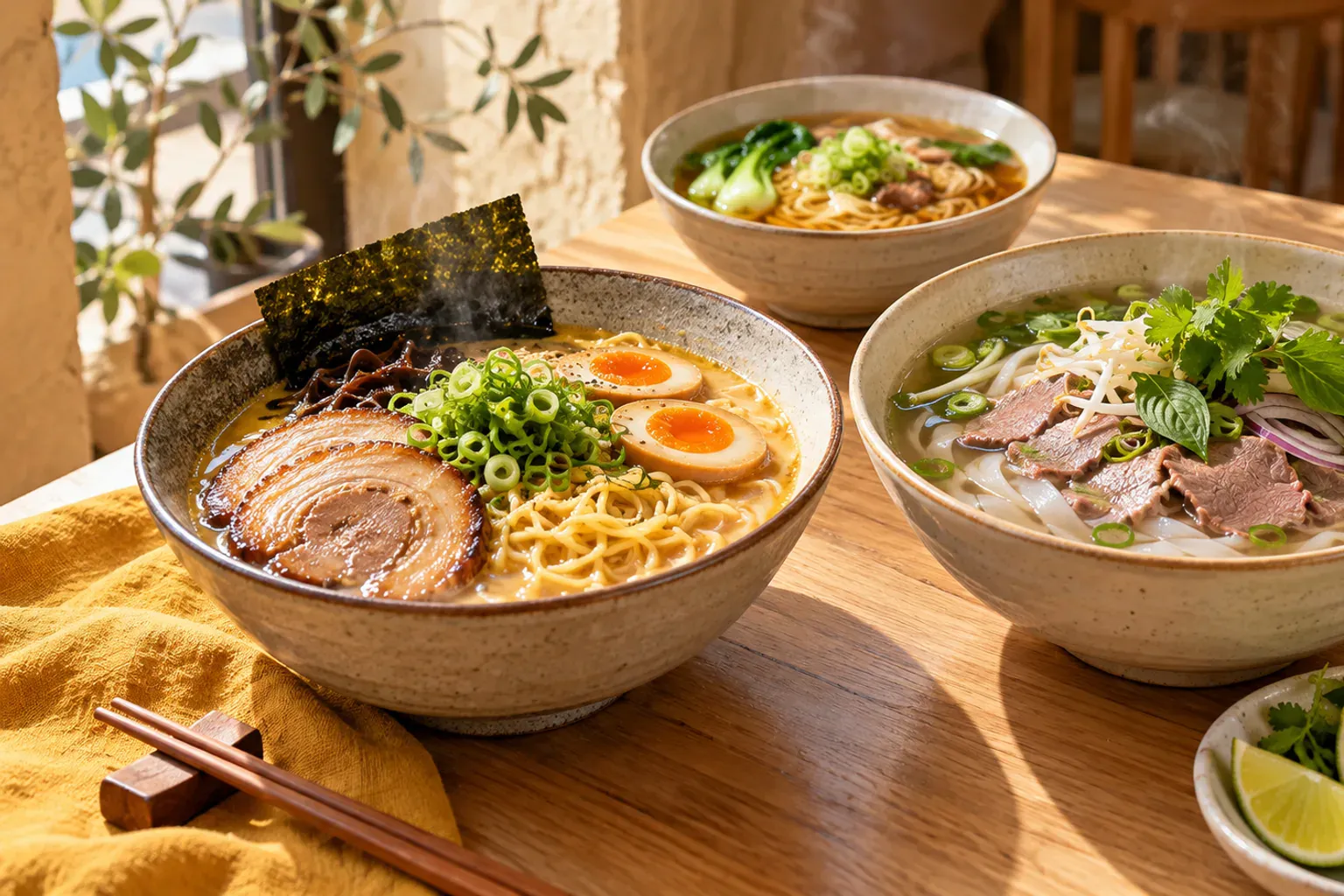 Japanese ramen bowl with golden broth, soft egg and chashu at Iwao, Marseille