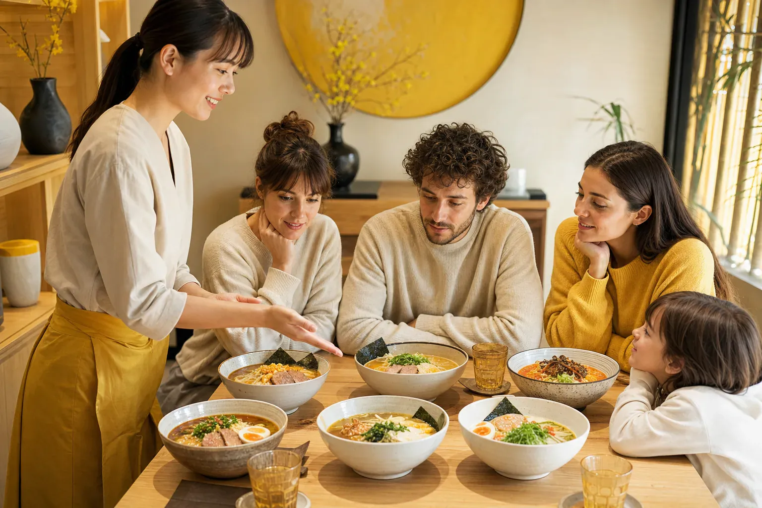 マルセイユの Iwao で提供される、半熟卵・チャーシュー・コーン・海苔をのせた日本のラーメン