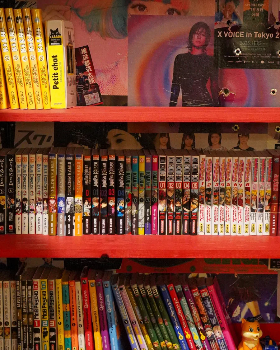 Rayonnages de mangas en libre-service, dos de volumes alignés