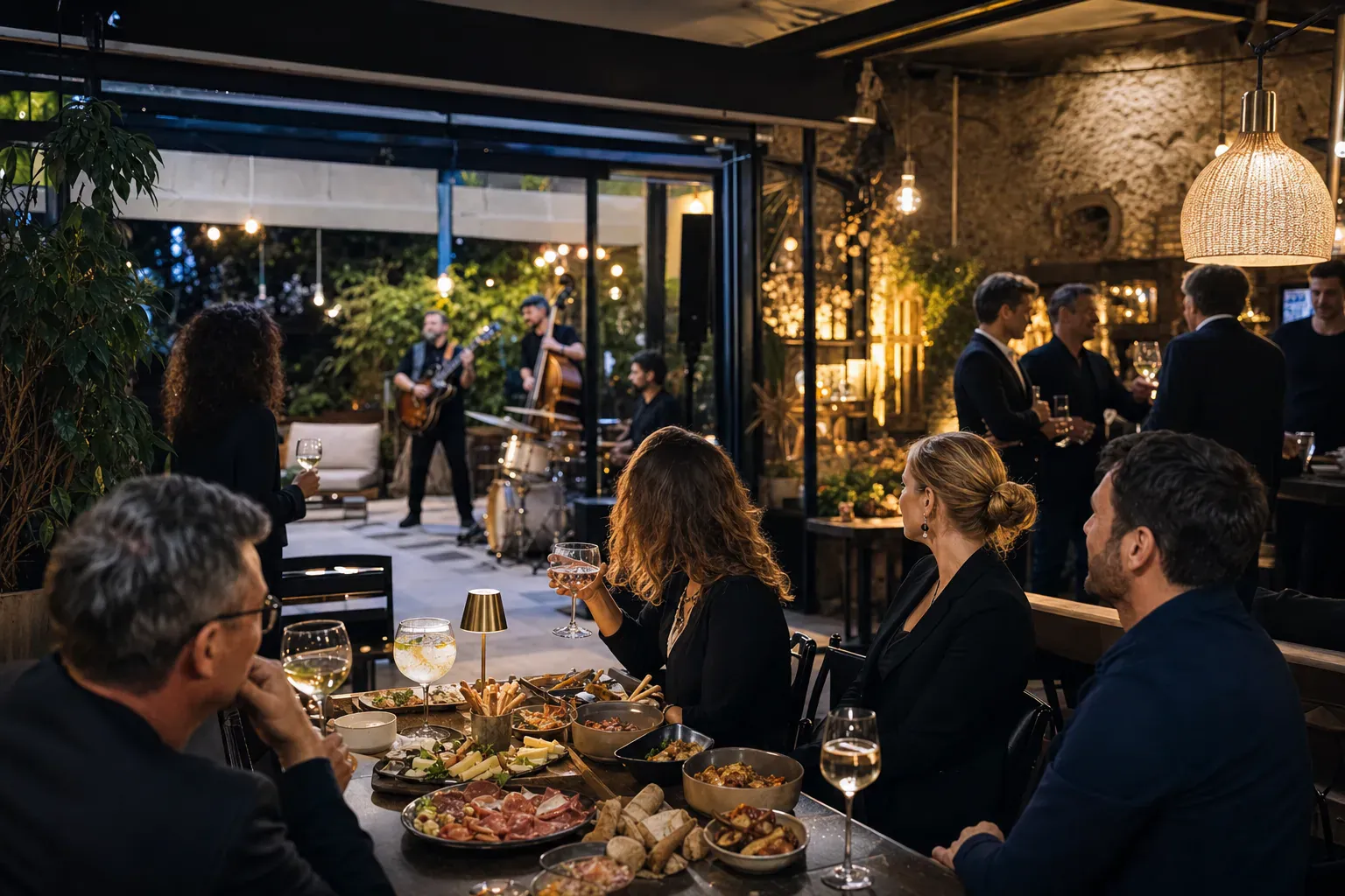 Illustration of a successful corporate evening in a Vaucluse music bar, team gathered around sharing boards.