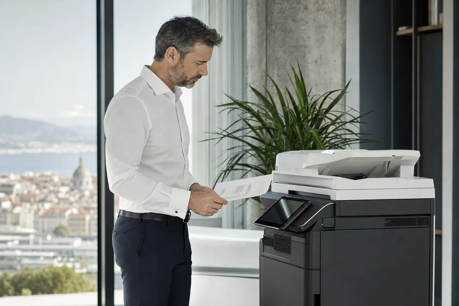 Collaboratrice récupérant un document sur un multifonction Canon, illustration de la réduction des coûts d'impression en entreprise