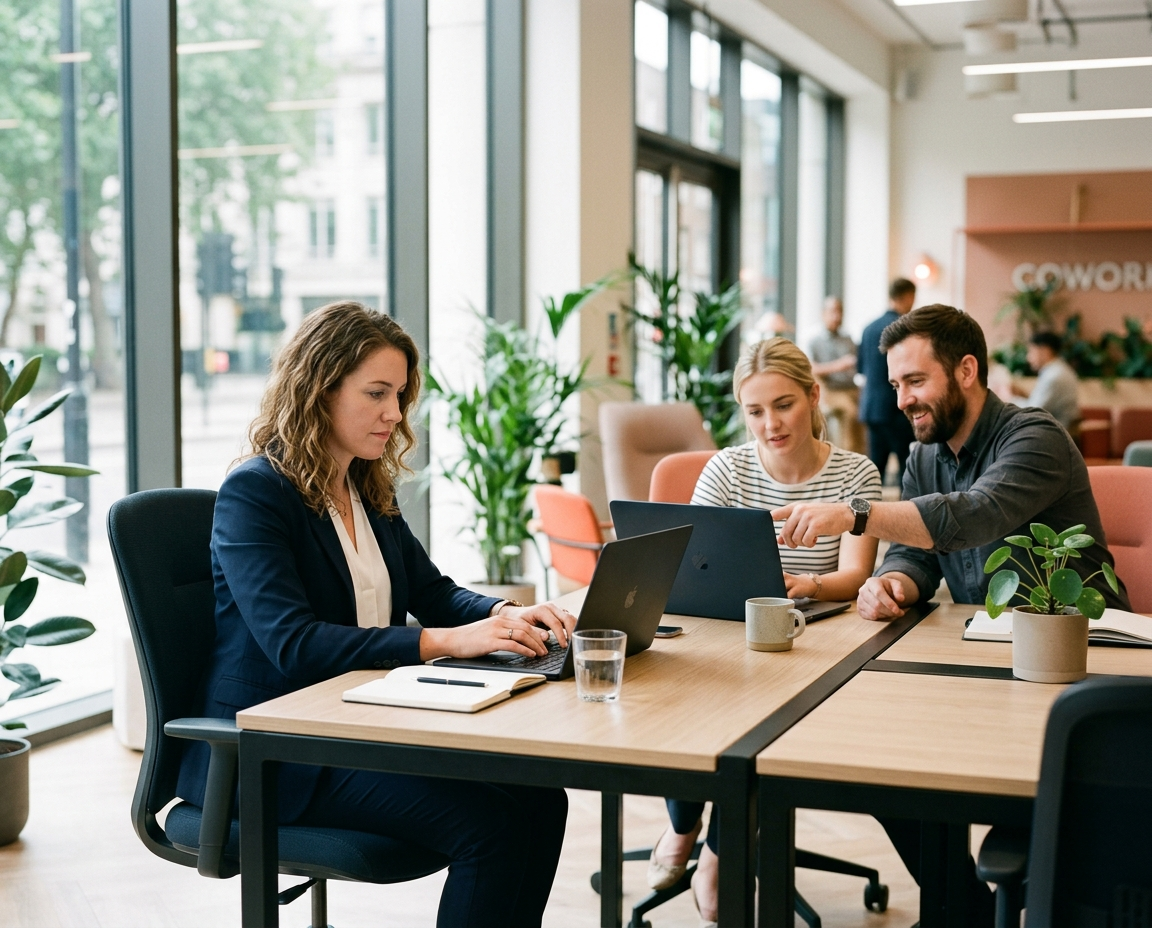 Équipe d'une PME travaillant sur ses postes informatiques dans un espace de travail partagé à Nice