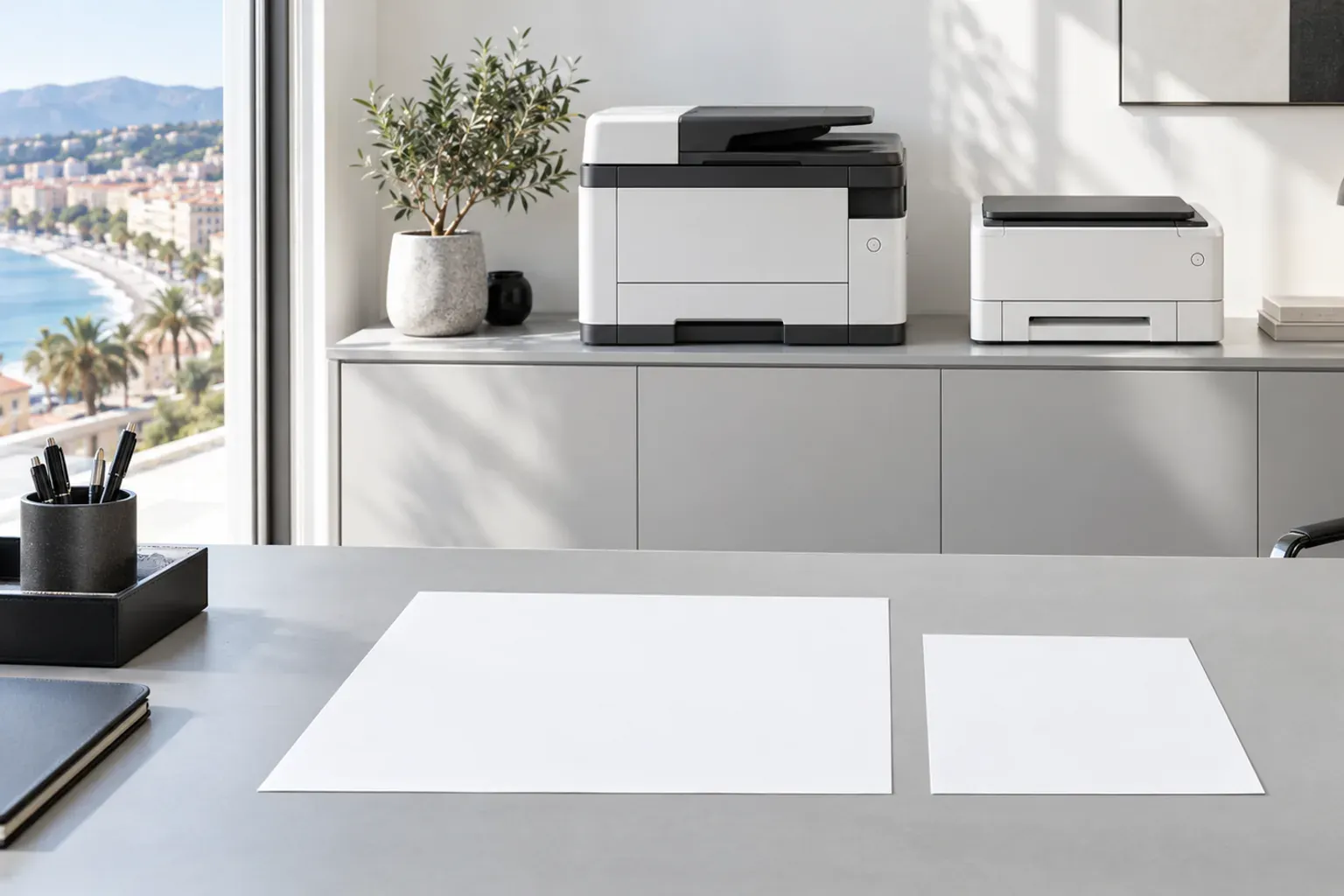 Collaboratrice récupérant un document sur un multifonction Canon, illustration du choix entre imprimante A3 et A4 ou A4 seule