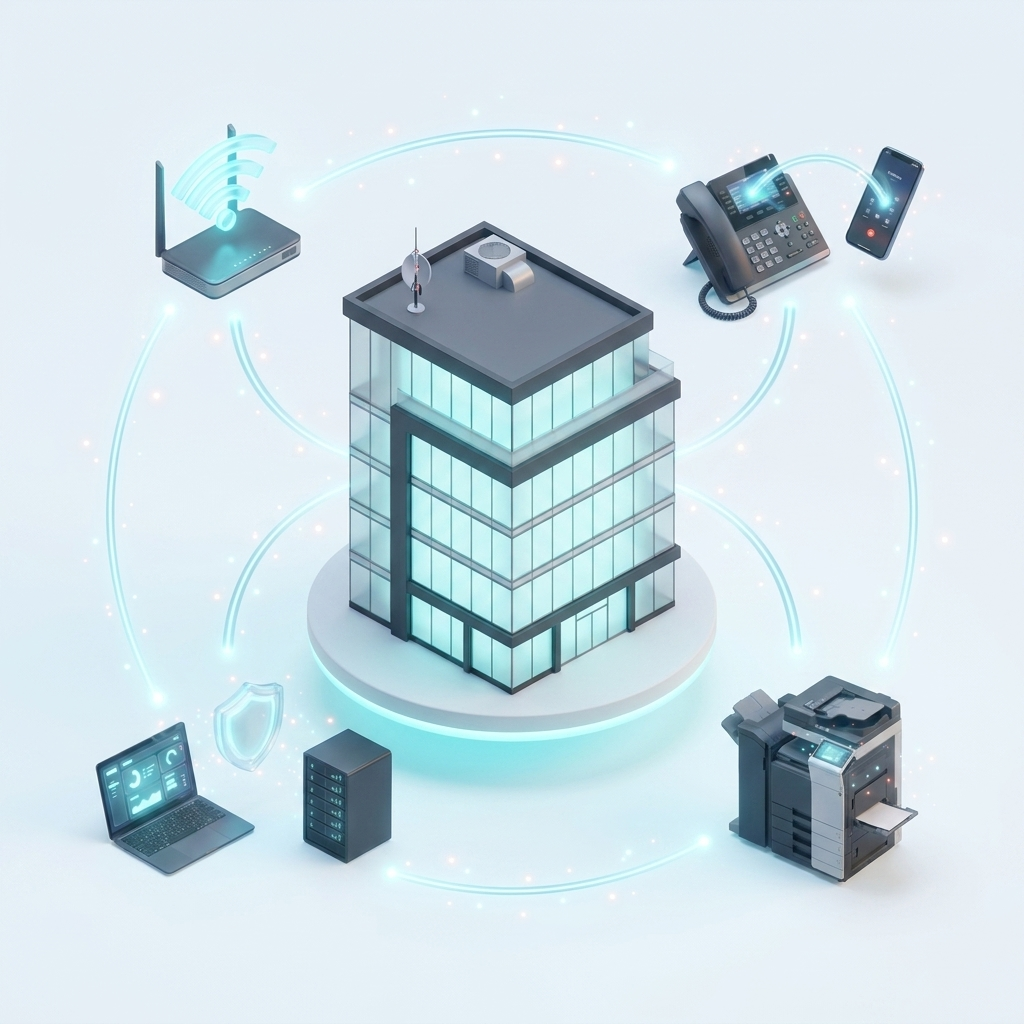 Illustration d'un immeuble de bureaux connecté à l'ensemble de son écosystème informatique et télécom d'entreprise