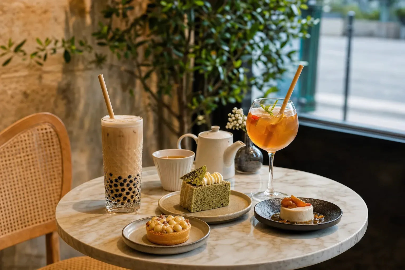 Iced matcha latte with tapioca pearls, a naturally gluten-free treat served in a glass