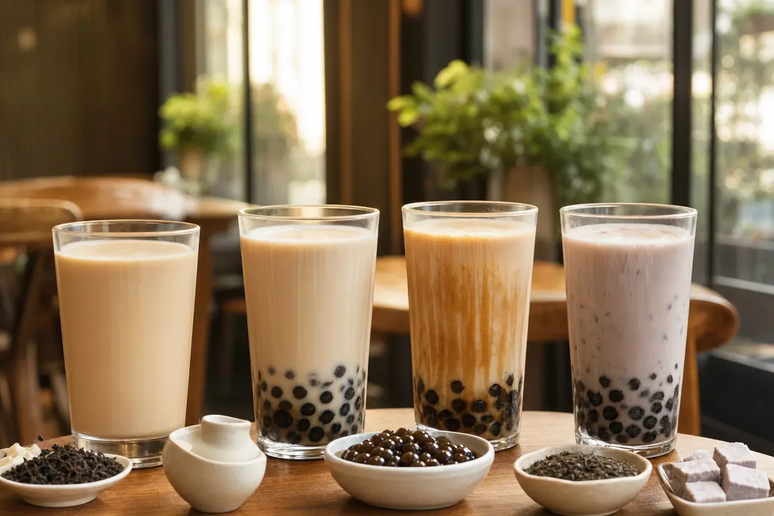 Milk tea matcha glacé aux perles de tapioca dans un verre