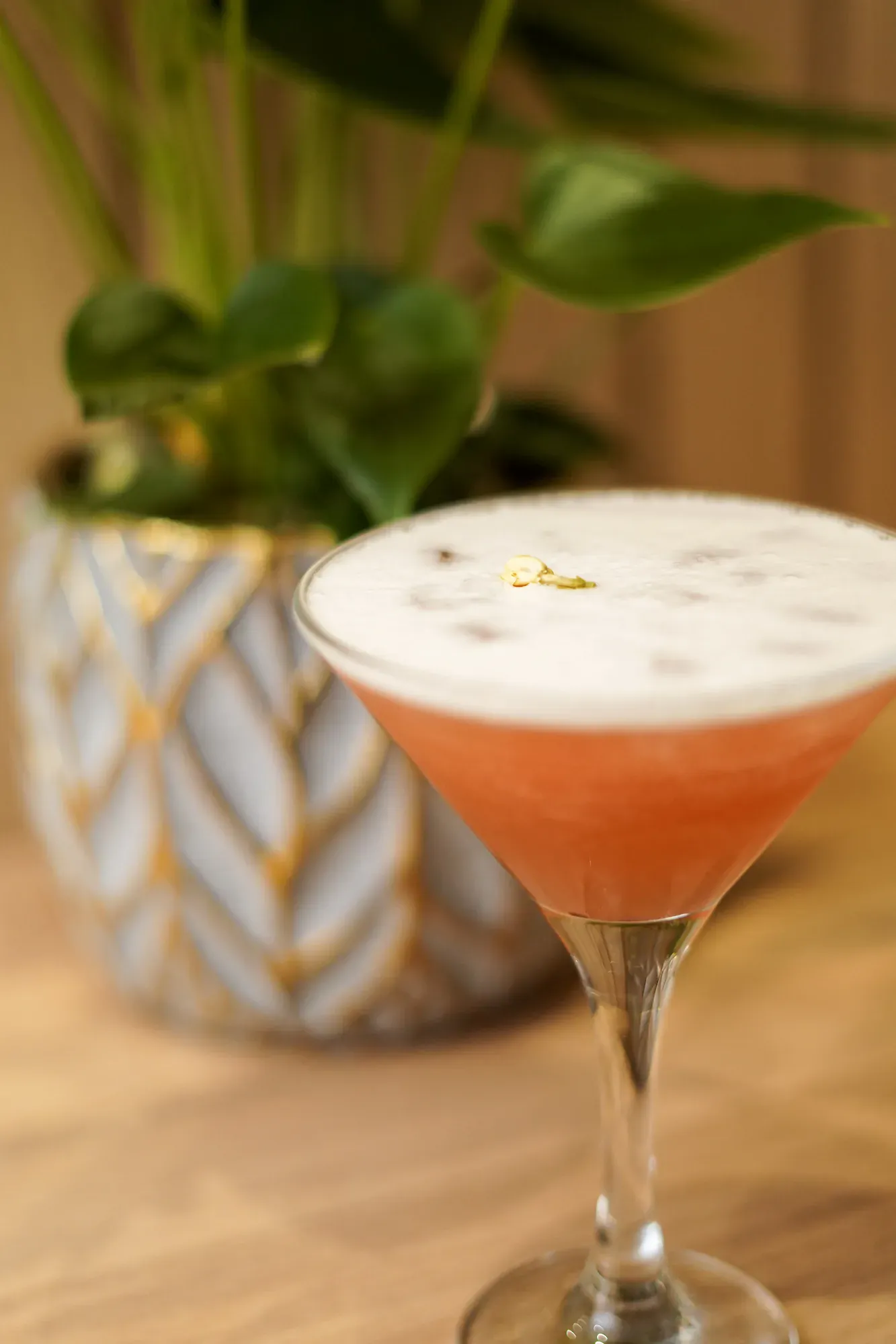 Macro cocktail rose mousse aerienne plante flou, gros plan