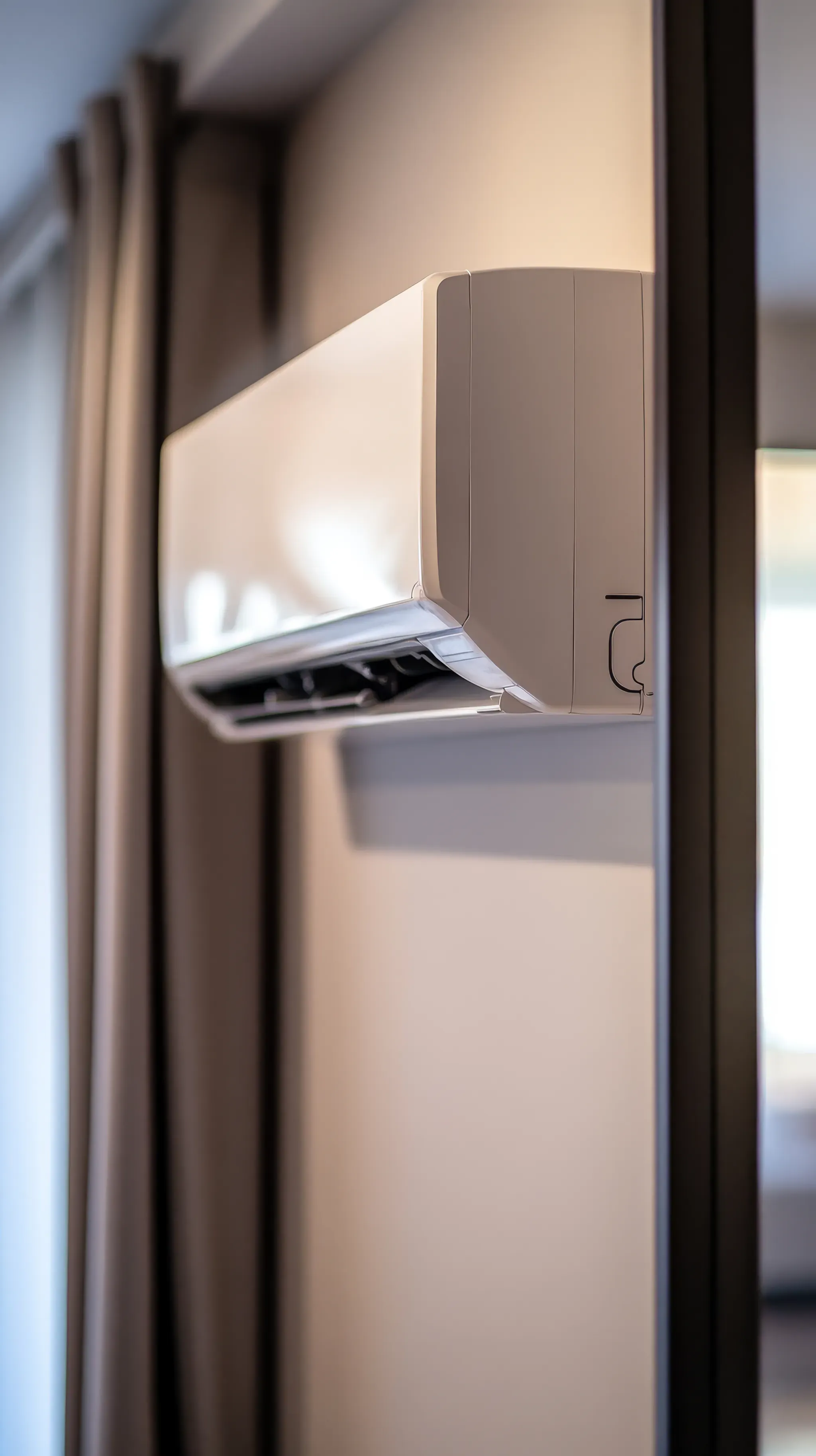 Climatiseur split réversible installé en hauteur dans un intérieur