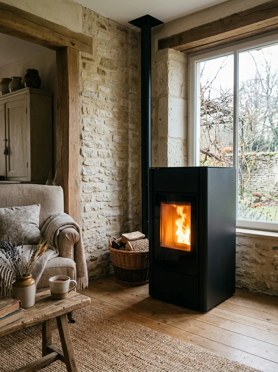 Poêle à granulés en fonctionnement dans le séjour d'une maison en pierre du Tarn