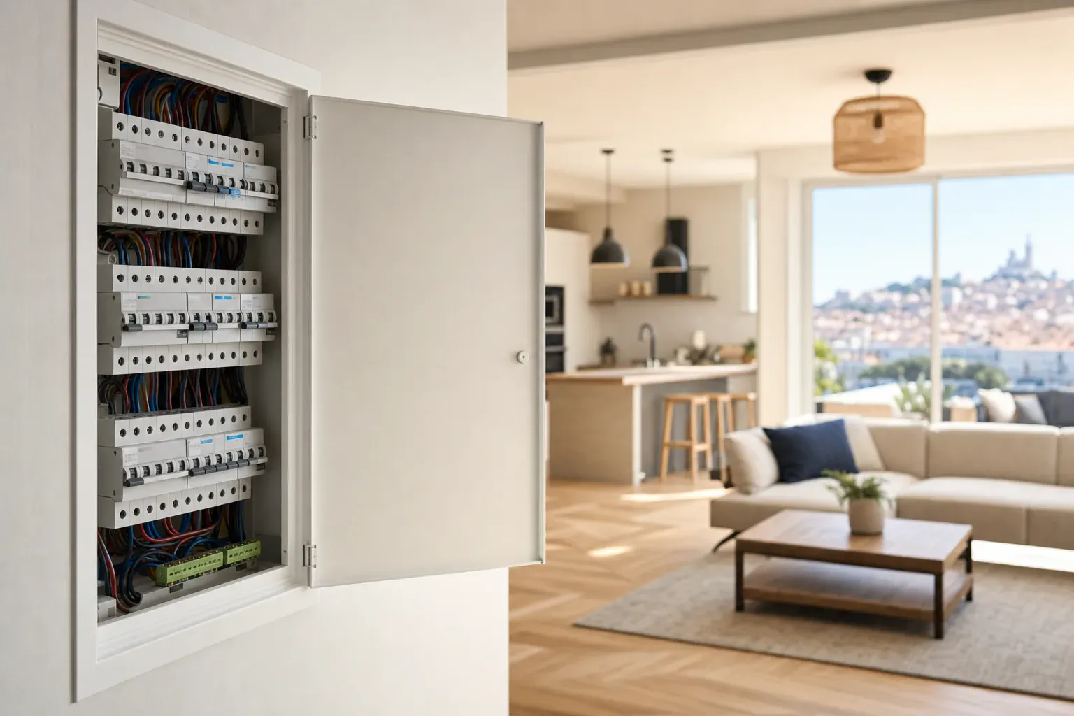 Intérieur d'une maison ancienne rénovée en Provence, contexte d'une réfection du tableau électrique