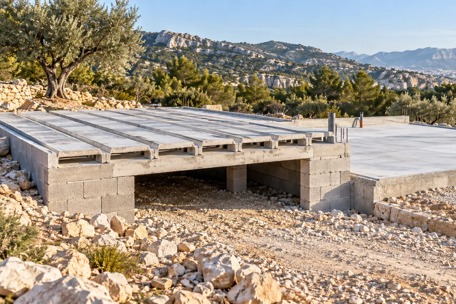 Chantier de gros œuvre avec pompe à béton et ferraillage en attente de coulage, sur les hauteurs avec vue sur la mer