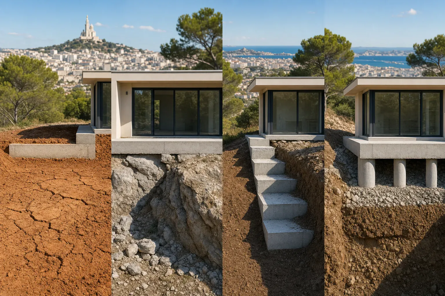 Chantier de gros œuvre avec pompe à béton et ferraillage sur les hauteurs de Marseille, vue sur la mer