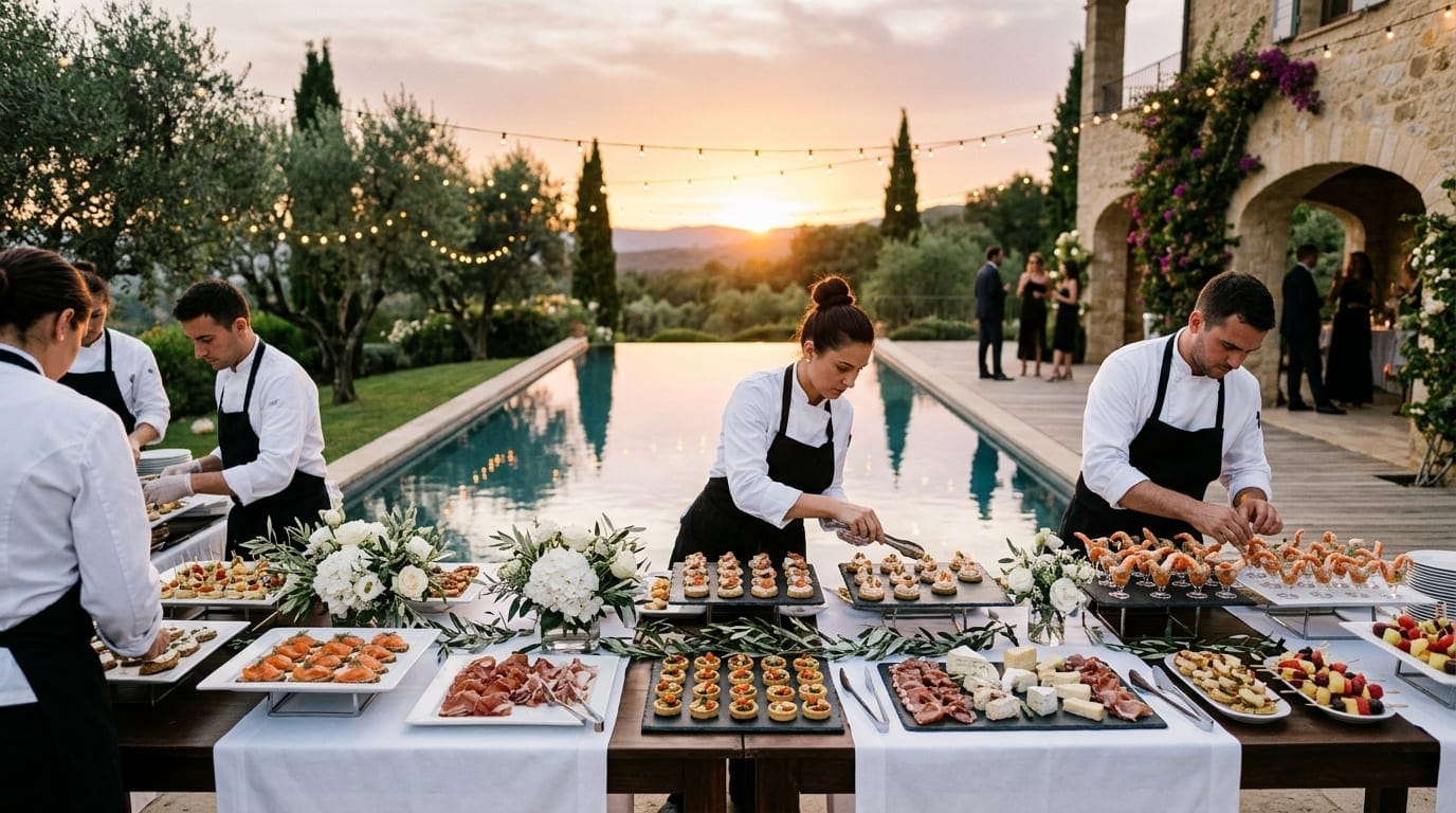 Réception en extérieur dressée en buffet par le service traiteur Le Saint Martin dans le Rhône