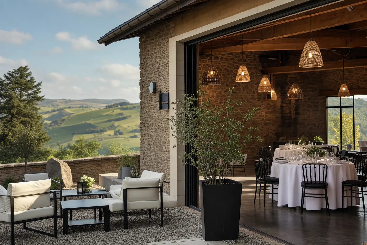 Convives élégamment habillés célébrant un anniversaire autour d'une grande table dressée, dans l'esprit du restaurant Le Saint Martin, Monts du Lyonnais