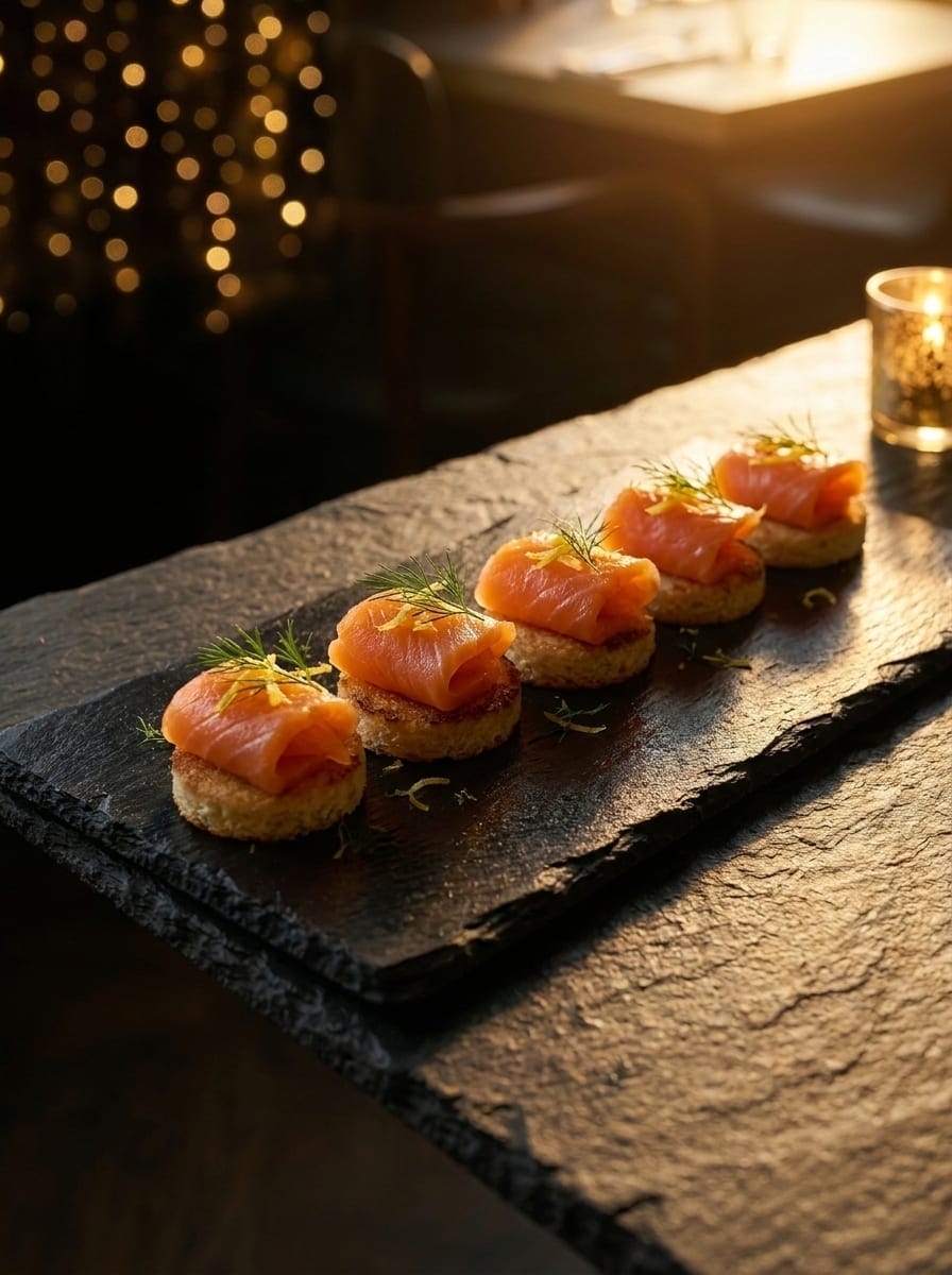 Canapés au saumon dressés pour un buffet froid par le traiteur Le Saint Martin, Monts du Lyonnais