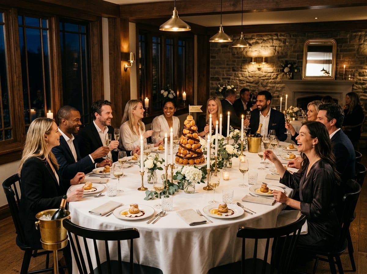 Convives élégants réunis autour d'une grande tablée festive lors d'une soirée au restaurant Le Saint Martin
