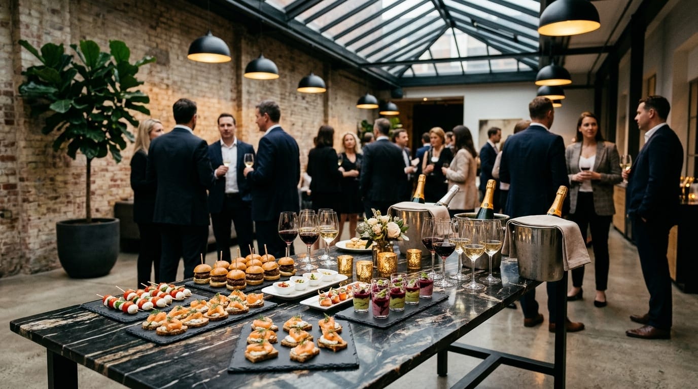 Cocktail dînatoire élégant sous verrière réunissant un groupe pour une soirée organisée par Le Saint Martin