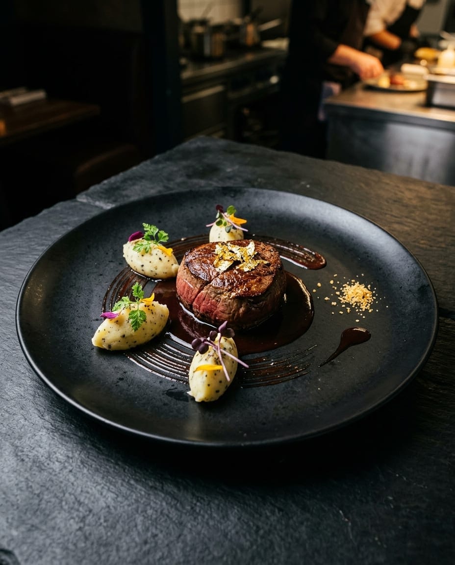 Médaillon de bœuf dressé avec soin, cuisine française à découvrir en réservant une table au restaurant Le Saint Martin