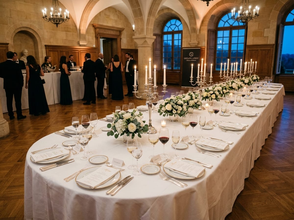 Grande table de gala dressée aux bougies pour une soirée festive dans les Monts du Lyonnais