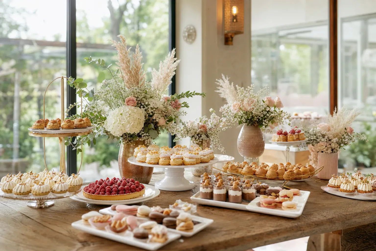 Cake pops roses, dorés et beiges dressés sur un présentoir argenté pour une sweet table de fête