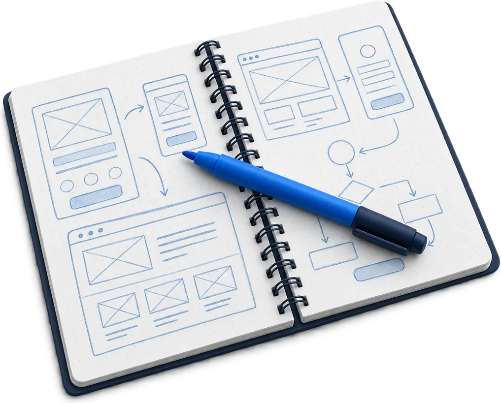 Carnet à spirale ouvert sur des croquis d’interface au crayon bleu, un feutre bleu posé en travers, détouré