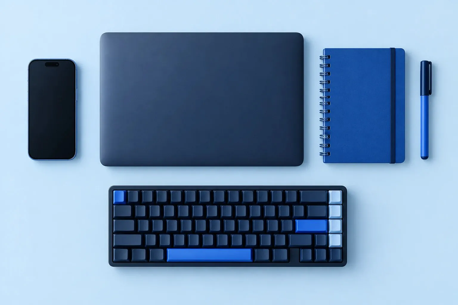 Plan de travail bleu glacier vu du dessus : clavier, ordinateur portable, smartphone, carnet et feutre bleu bien rangés