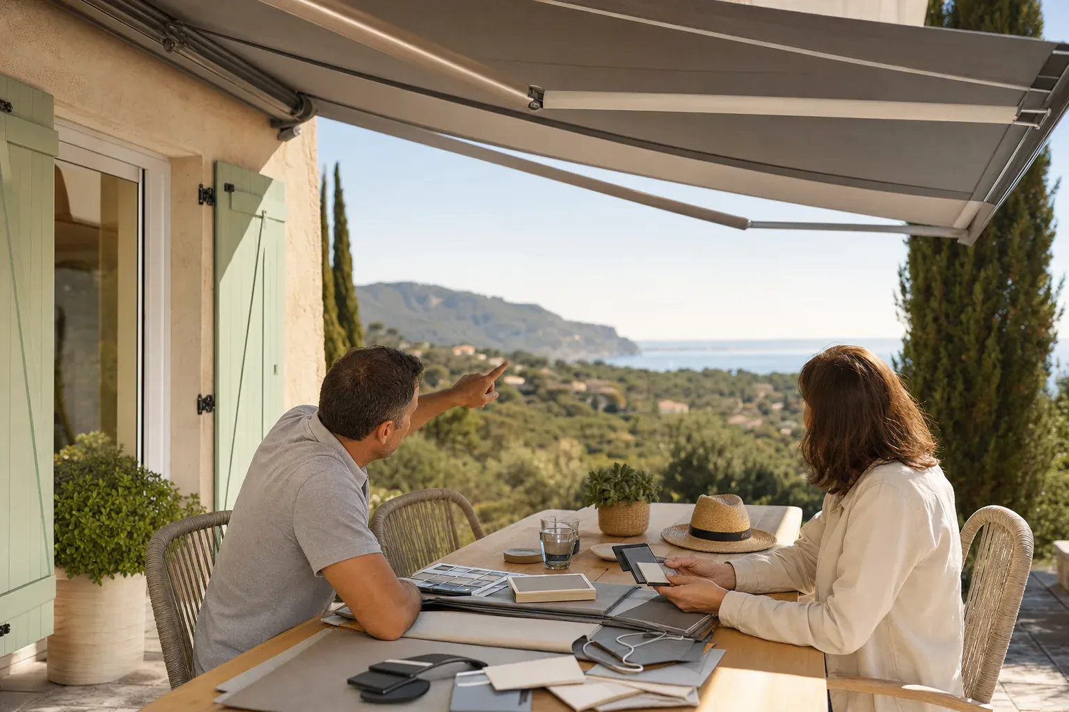 Store banne déployé au-dessus d'une terrasse ensoleillée en Provence