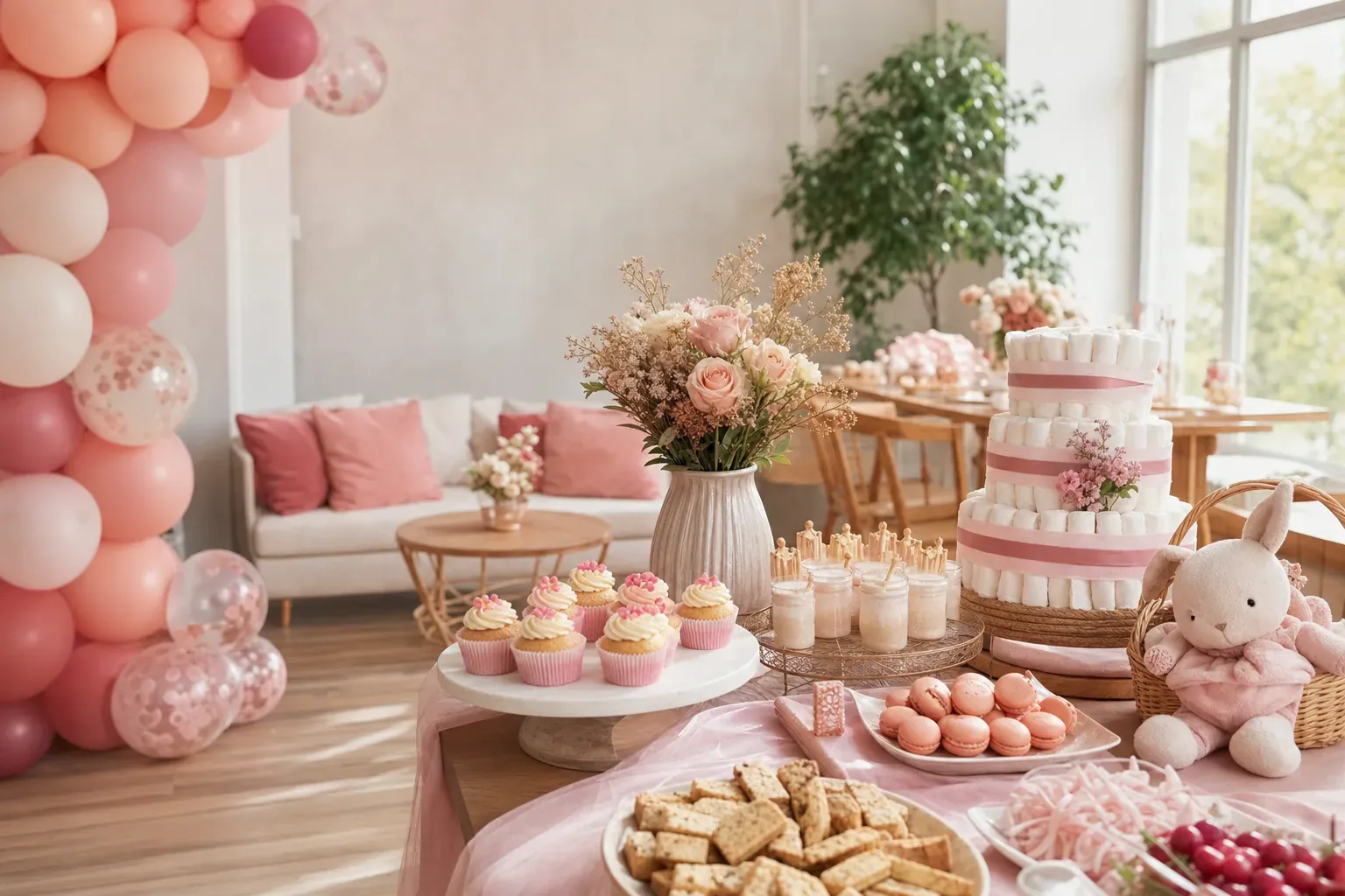 Décoration de baby shower girly : ballons, fleurs roses et sweet table dans une ambiance douce et instagrammable