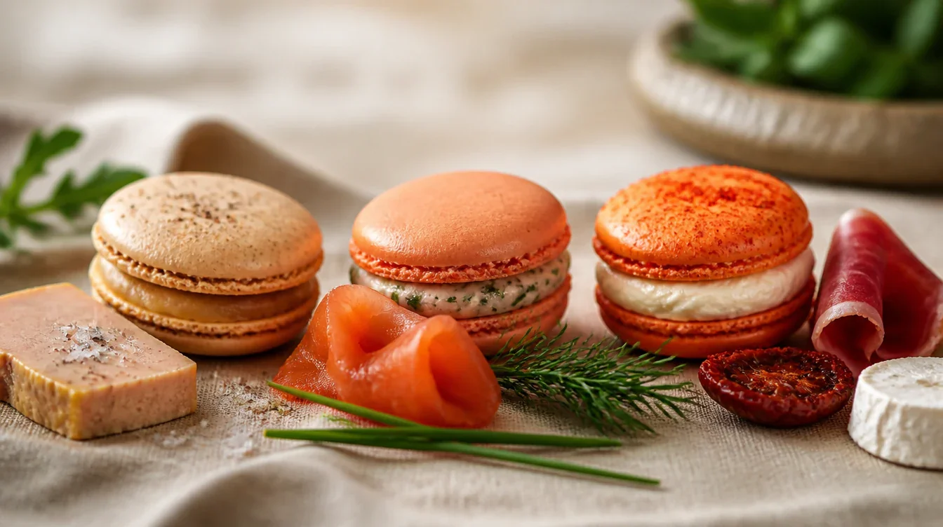 Trio de macarons sucrés-salés signature, foie gras et fleur de sel, saumon fumé à l'aneth, jambon cru Bellota et chèvre au piment d'Espelette