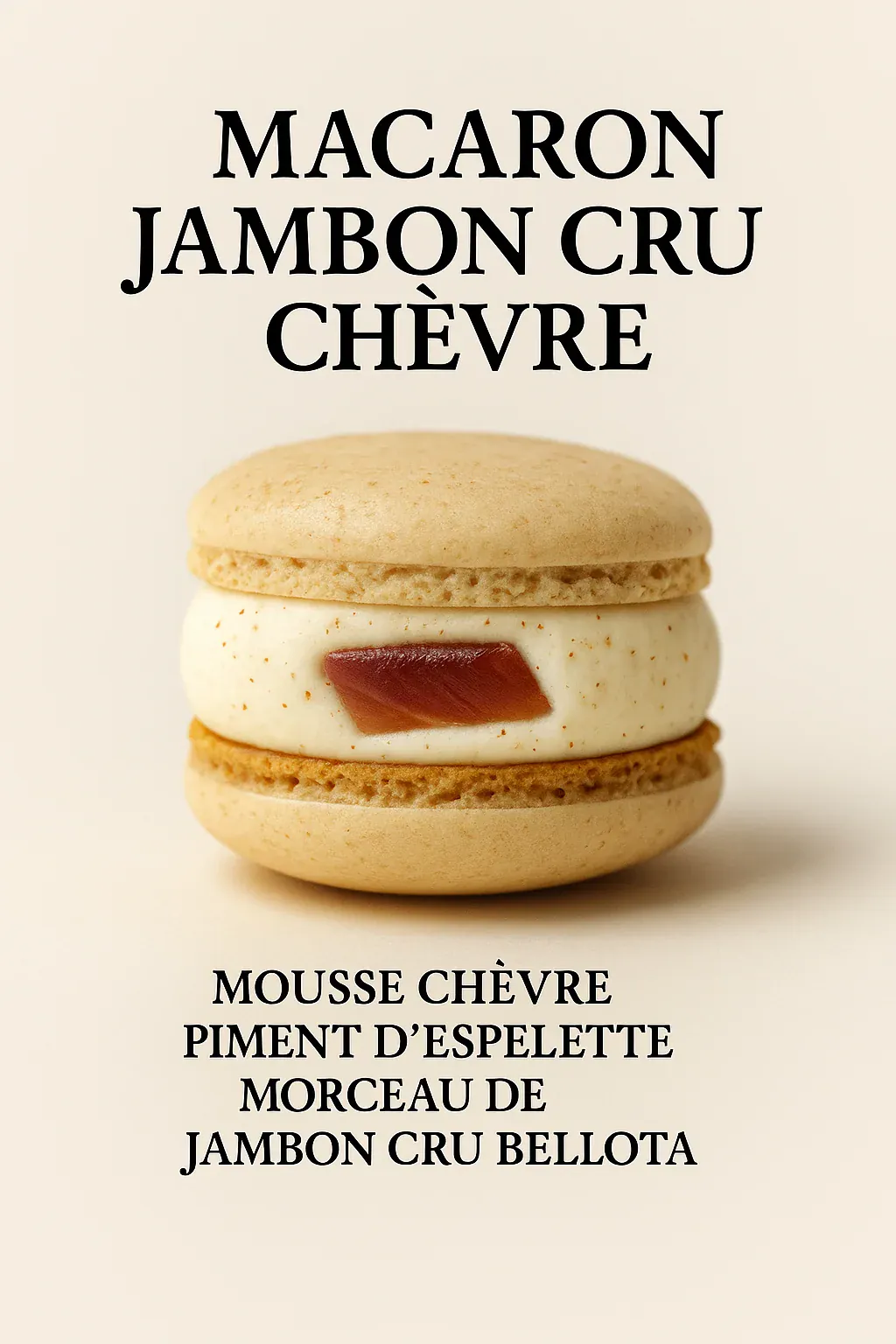 Macaron salé garni de mousse de chèvre, piment d'Espelette et jambon cru Bellota, création sucrée-salée pour cocktail