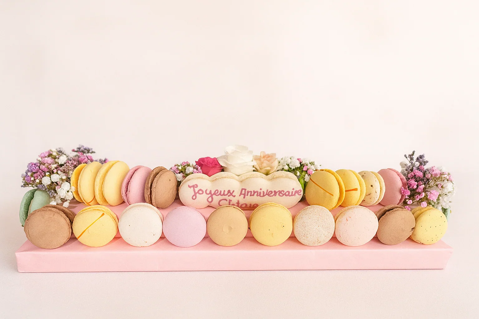 Centre de table en macarons rectangulaire, version personnalisable pour anniversaire