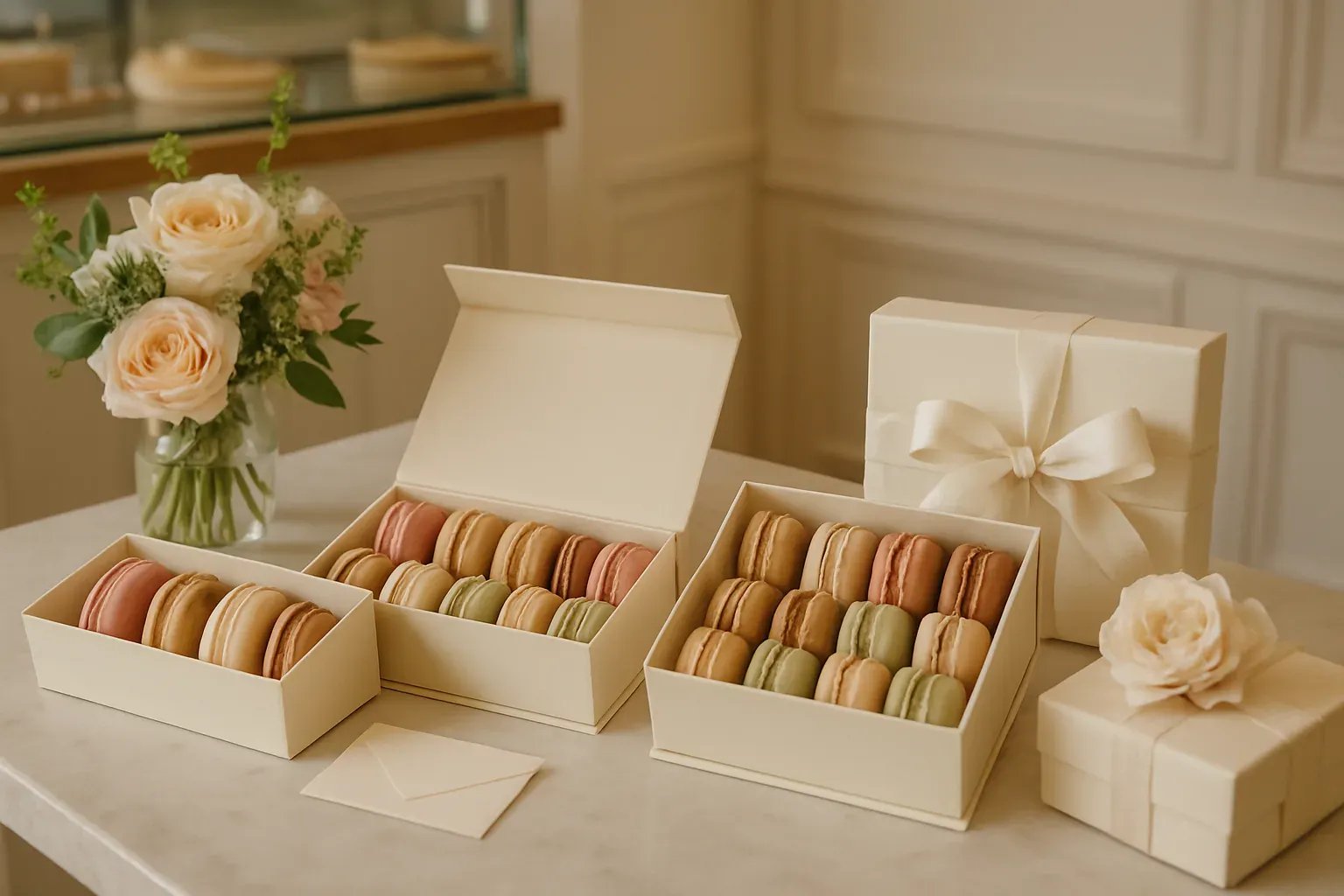 Coffret de macarons multicolores Les Macarons de Caroline noué d’un ruban, prêt à offrir en cadeau