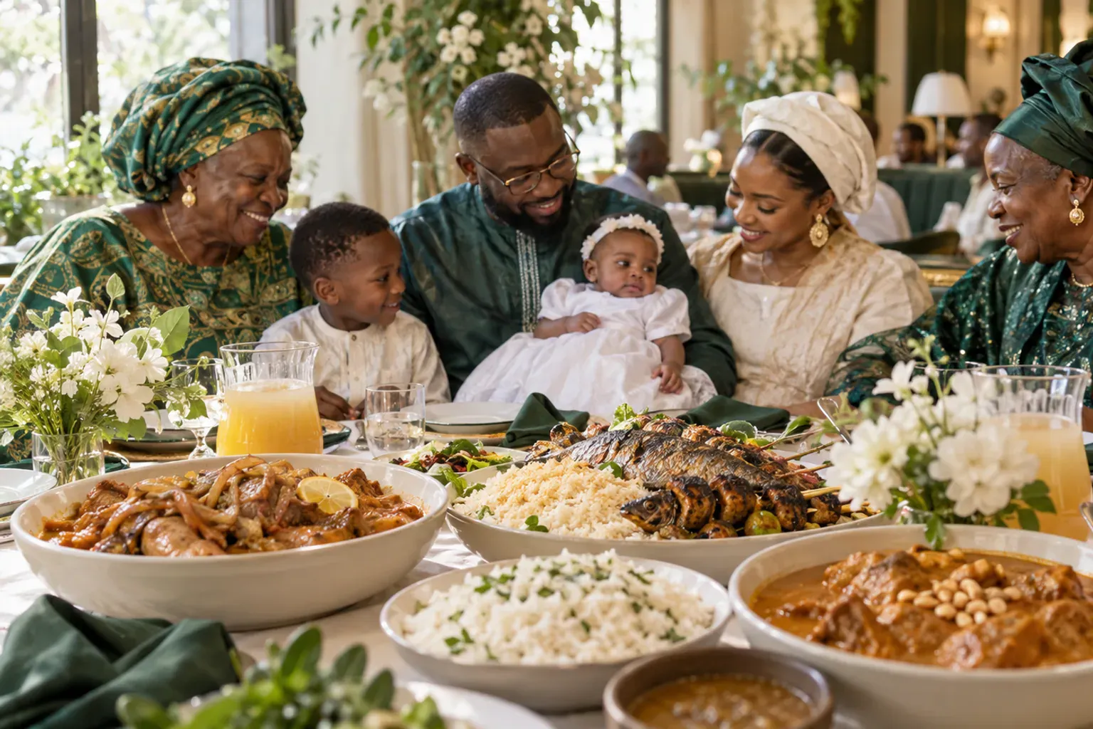 Table de fête dressée de plats africains à partager pour un repas de baptême en famille