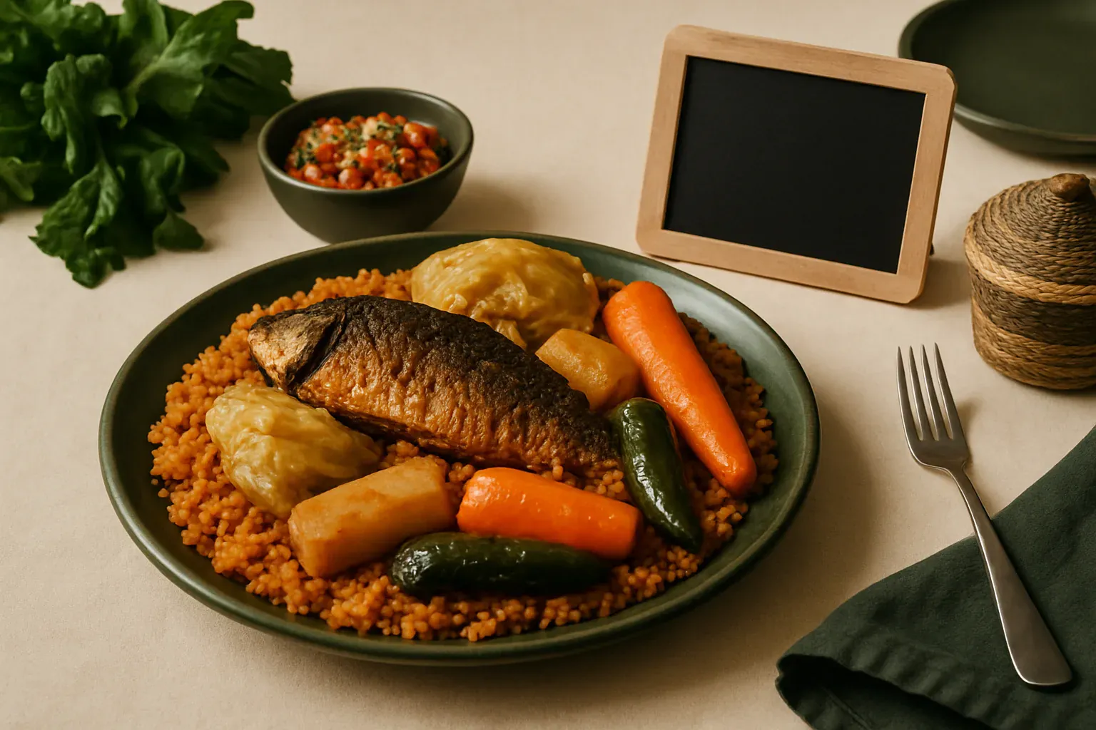 Le riz au poisson sénégalais et ses légumes mijotés, illustration de la thiéboudienne