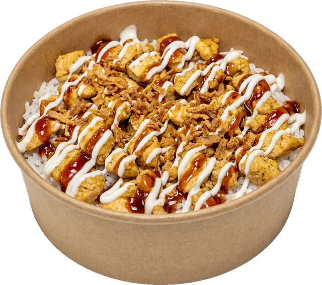 Tasty Bowl du Snack YS Le 13 : riz, poulet, sauce blanche et sauce maison, oignons frits dans un bol kraft