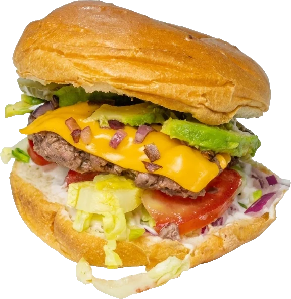 Cheeseburger du dimanche au Snack YS Le 13 : steak, cheddar fondu, avocat, tomate et oignon rouge